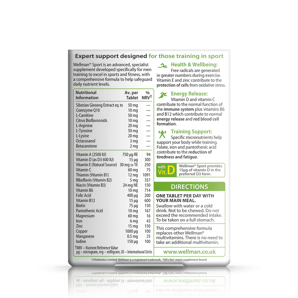 Vitabiotics Wellman Sport Nutritional Information - 27 Nutrients per Tablet including Siberian Ginseng 50mg, CoQ10 10mg, L-Carnitine 50mg, Iron 6mg, Zinc 15mg, Vitamin D3 15µg & Vitamin B12 15µg