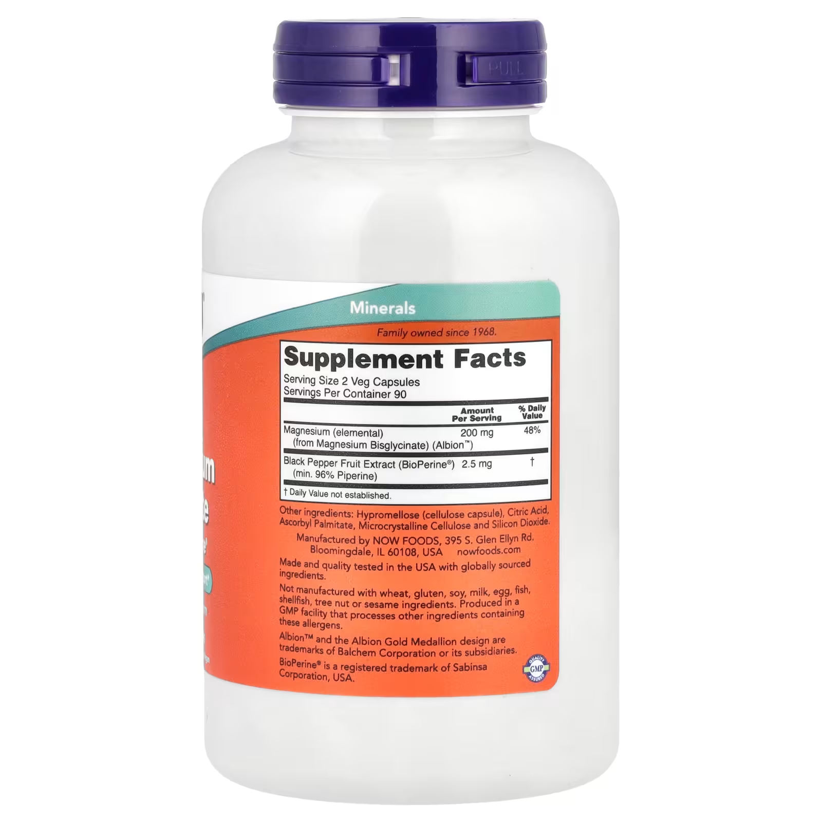 Magnesium (Bisglycinate, Albion™): 200mg (48% DV) per serving
BioPerine® Black Pepper Extract: 2.5mg (min. 96% Piperine)
Servings: 90 per container (2 capsules per serving = 90-day supply!)