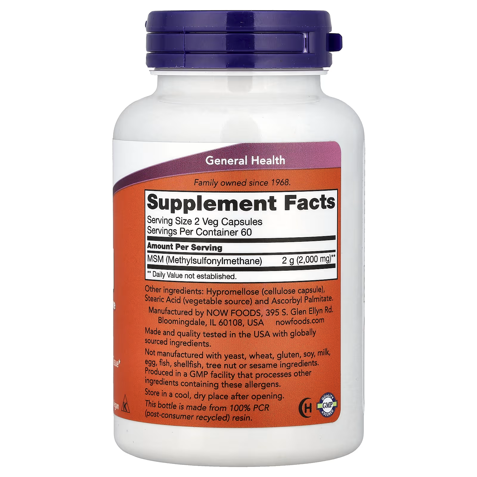 NOW Foods MSM 1000mg Supplement Facts Label - 2000mg per serving, 60 servings, Veg Capsules - Gluten Free GMP Certified