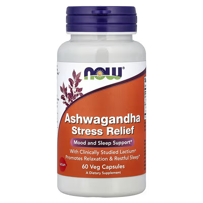 NOW Foods Ashwagandha Stress Relief 60 Veg Capsules - Mood and Sleep Support with Clinically Studied Lactium, Promotes Relaxation and Restful Sleep