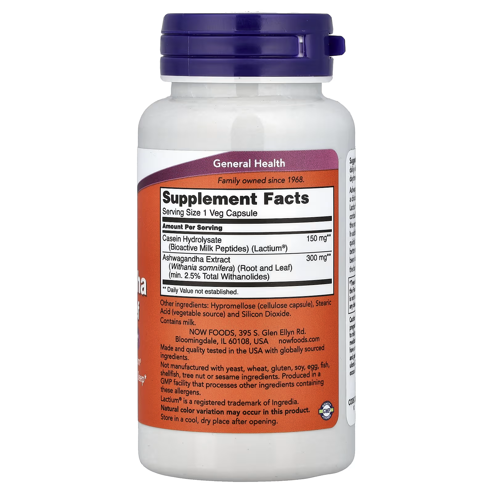 Casein Hydrolysate (Lactium)
150 mg
Ashwagandha Extract (min. 2.5% Total Withanolides) - 300 mg
Full other ingredients, allergen info, and manufacturer details included