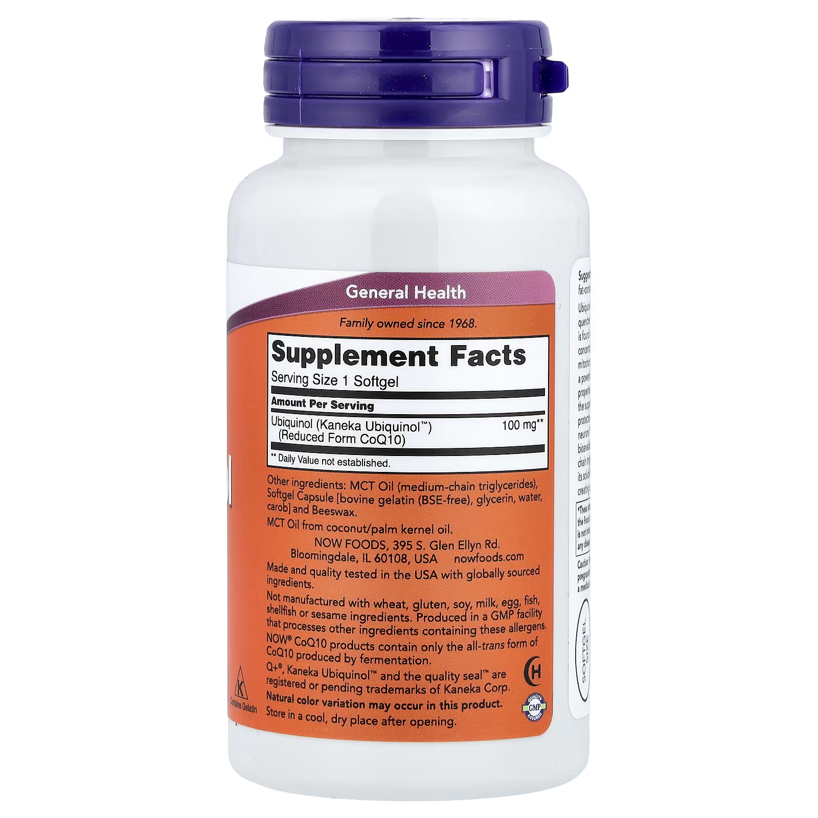 NOW Foods Ubiquinol 100mg Supplement Facts Label - Serving Size 1 Softgel, Kaneka Ubiquinol 100mg, MCT Oil, Bovine Gelatin, GMP Certified, Made in USA - Docxora Pakistan