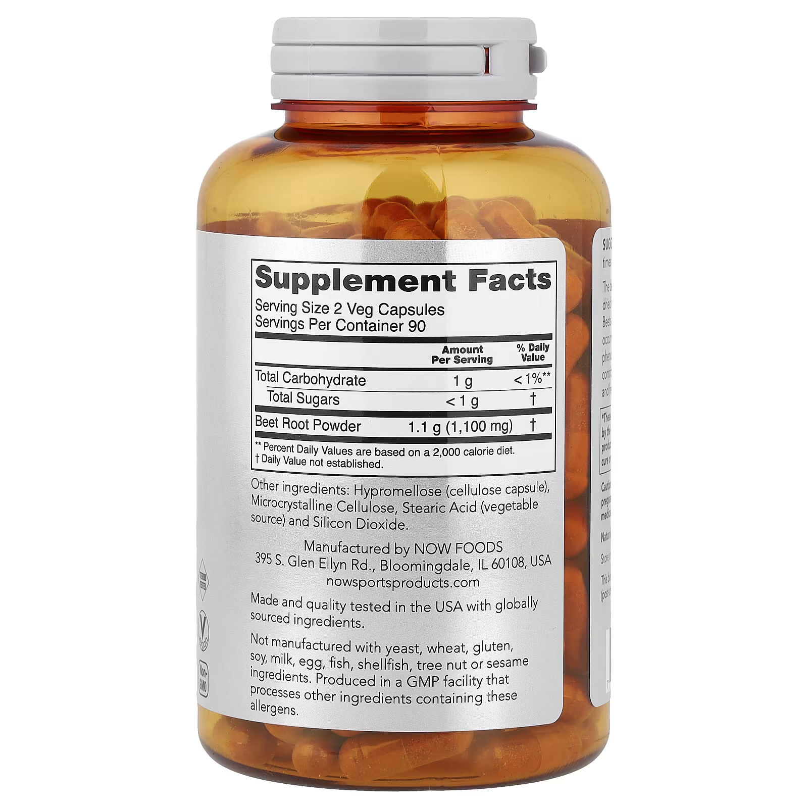Serving Size: 2 Veg Capsules | 90 Servings per container (corrected from earlier — label shows 2 caps per serving, not 3)
Beet Root Powder: 1.1g (1,100mg) per serving | 550mg per capsule
Total Carbohydrate: 1g | Total Sugars: <1g
Other Ingredients: Hypromellose (cellulose capsule), Microcrystalline Cellulose, Stearic Acid (vegetable), Silicon Dioxide
Allergen Info: Free from yeast, wheat, gluten, soy, milk, egg, fish, shellfish, tree nut & sesame
Made & quality tested in the USA | GMP certified