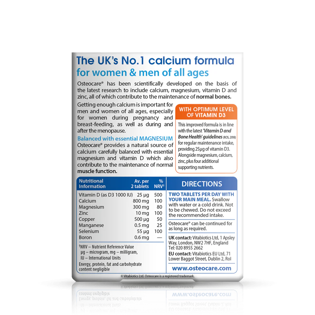 Vitabiotics Osteocare Original 30 Tablets Back Label - Nutritional Info: Calcium 800mg, Vitamin D3 25mcg, Magnesium 300mg, Zinc 10mg - Directions & Ingredients - docxora.com Pakistan