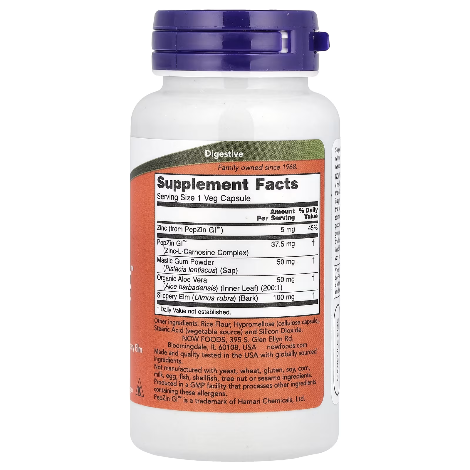 NOW Foods Gastro Comfort with PepZin GI Supplement Facts Panel – Zinc 5mg, PepZin GI 37.5mg, Mastic Gum, Aloe Vera, Slippery Elm – 60 Veg Capsules