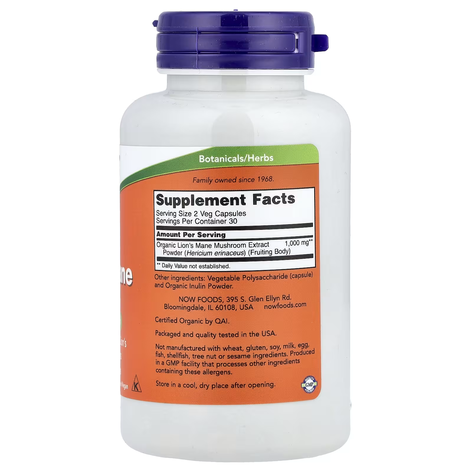 NOW Lion's Mane 500mg Supplement Facts - Serving Size 2 Veg Capsules - Organic Lion's Mane Mushroom Extract 1000mg per serving - Non-GMO Vegan - GMP Certified