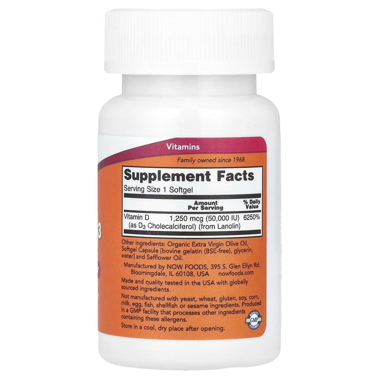 NOW Foods Vitamin D-3 50,000 IU Supplement Facts Panel – 1,250 mcg Cholecalciferol per Softgel, Organic Olive Oil, GMP Certified, Made in USA