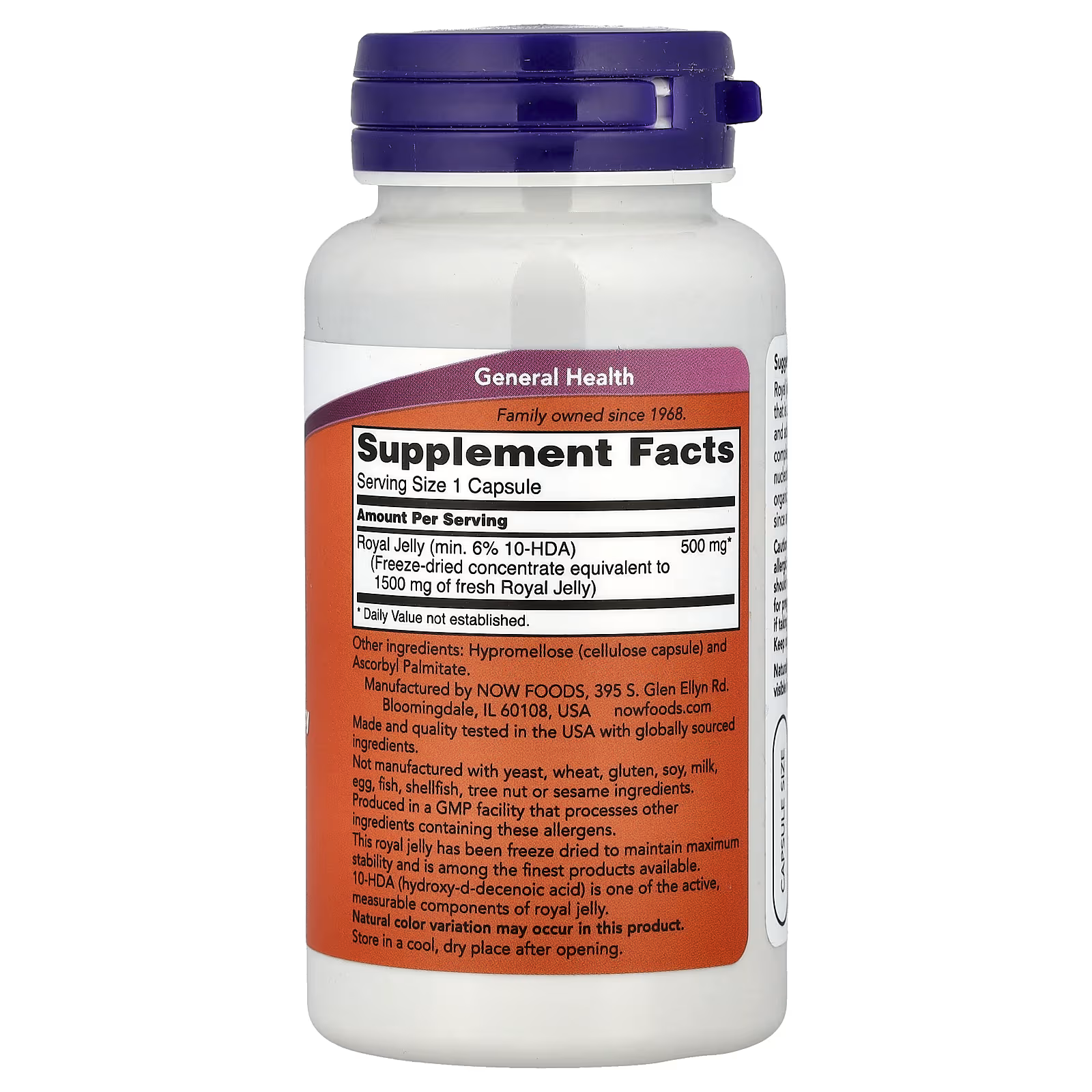 Royal Jelly (min. 6% 10-HDA): 500mg per capsule (= 1500mg fresh equivalency)
Other Ingredients: Hypromellose (cellulose capsule) & Ascorbyl Palmitate
Allergen Info: Free from yeast, wheat, gluten, soy, milk, egg, fish, shellfish, tree nut & sesame
Made & quality tested in the USA
Category: General Health | Family owned since 1968