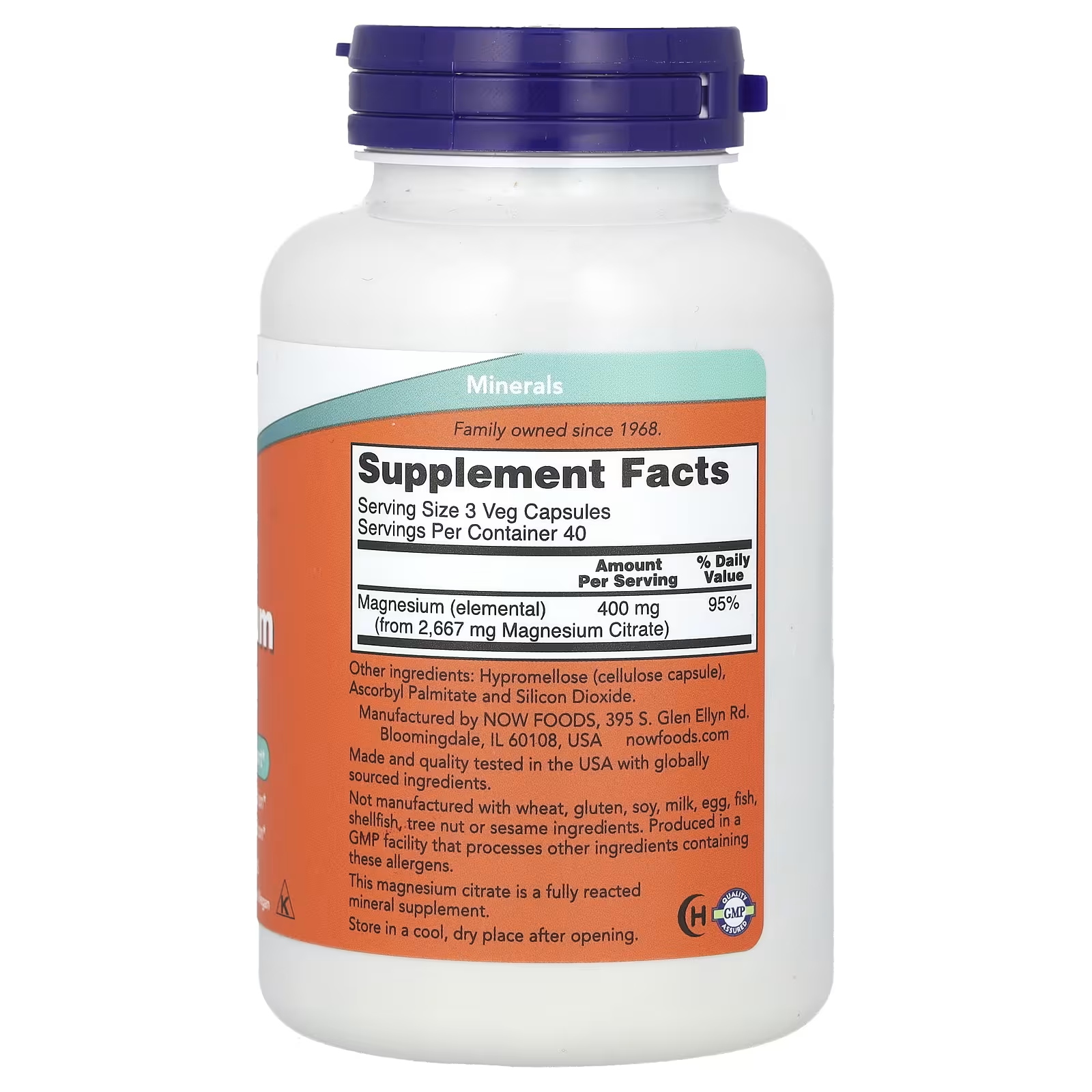 NOW Magnesium Citrate 400mg Supplement Facts – 400mg Elemental Magnesium per Serving, 120 Veg Capsules, GMP Certified, Made in USA
