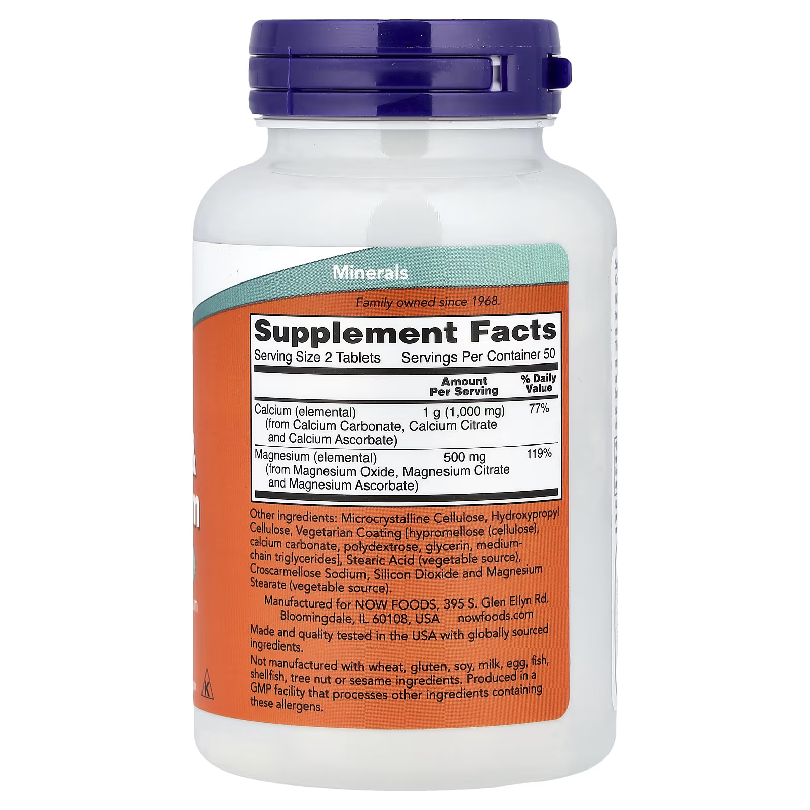 NOW Foods Calcium & Magnesium Supplement Facts - 1000mg Calcium (Carbonate, Citrate, Ascorbate) 500mg Magnesium (Oxide, Citrate, Ascorbate) per 2 Tablets - 50 Servings GMP Certified Made in USA