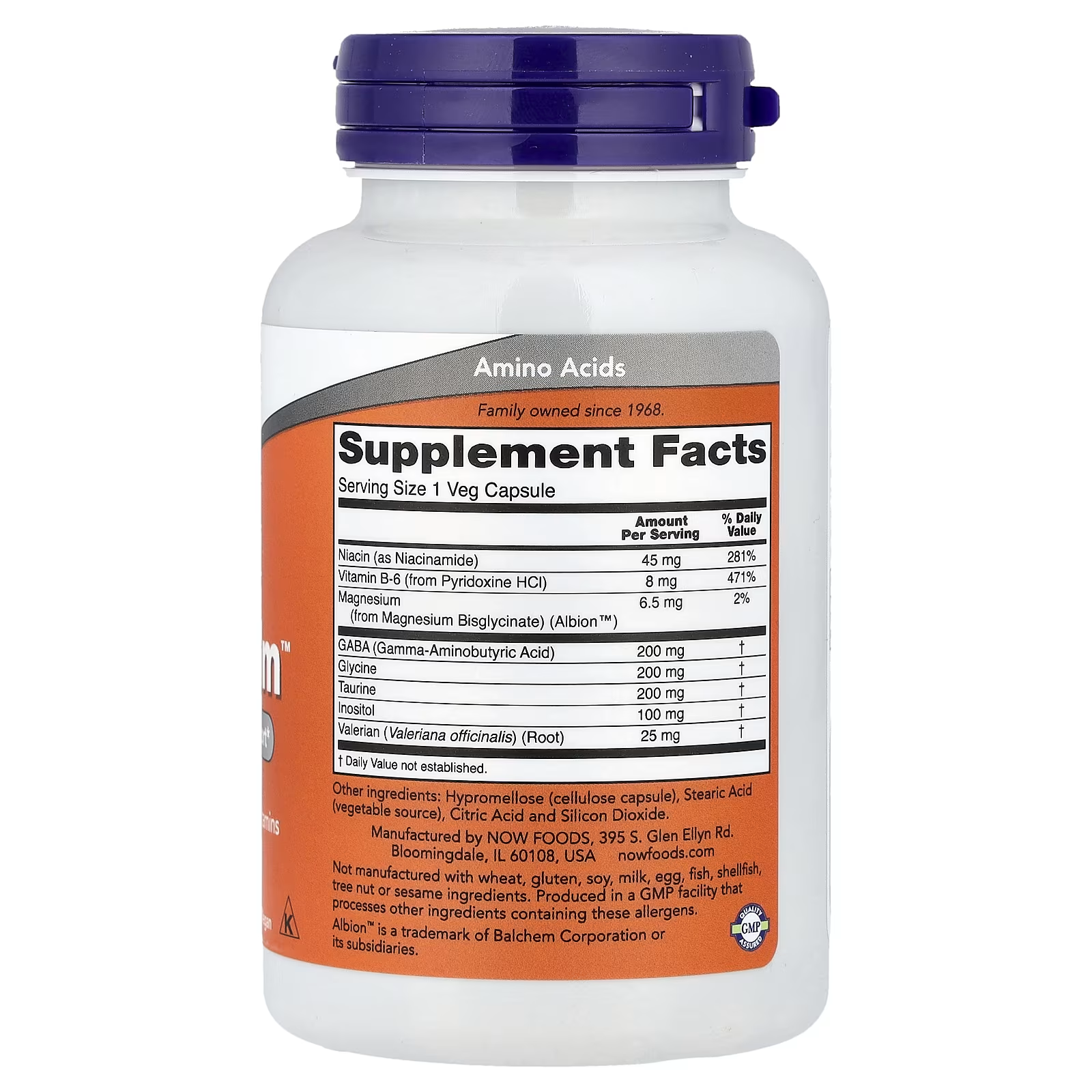NOW True Calm™ Supplement Facts Panel - Serving Size 1 Veg Capsule - GABA 200mg, Glycine 200mg, Taurine 200mg, Inositol 100mg, Valerian Root 25mg, Niacin 45mg, Vitamin B-6 8mg, Magnesium 6.5mg - GMP Certified by NOW Foods USA