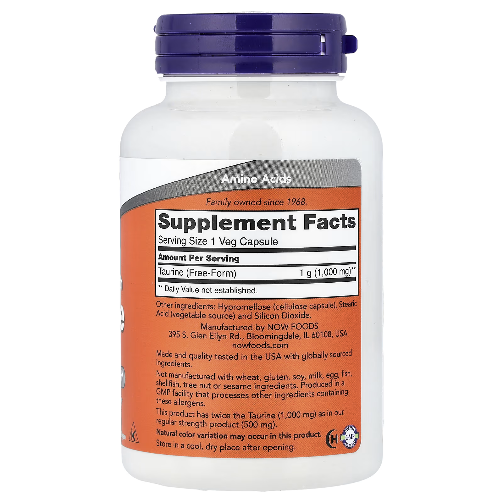 NOW Foods Taurine 1000mg Supplement Facts Label – 1g Free-Form Taurine per Veg Capsule, Non-GMO, GMP Quality Assured, Made in USA by NOW Foods