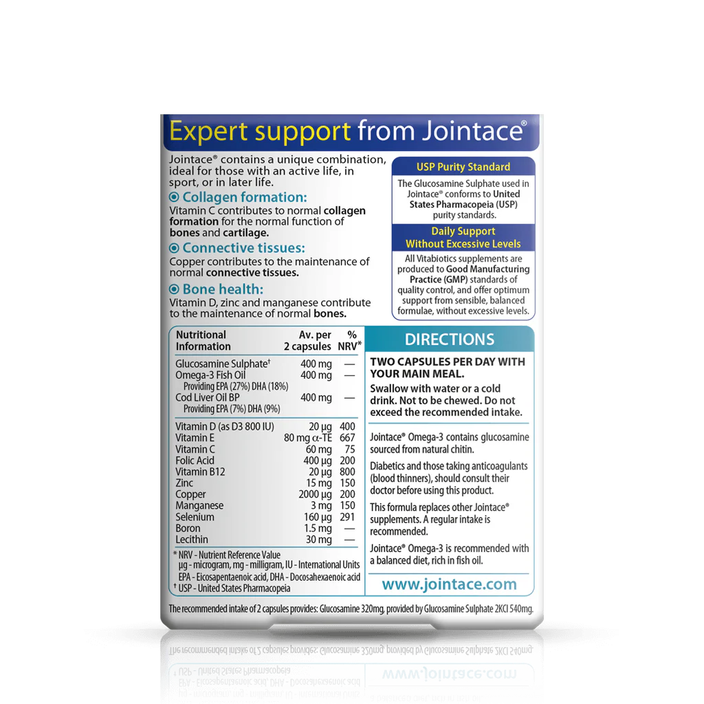Vitabiotics Jointace Omega-3 Supplement Facts – Glucosamine Sulphate 400mg, Omega-3 Fish Oil 400mg, Cod Liver Oil 400mg, Vitamin D 20µg (400% NRV), Selenium 160µg – USP Purity Standard, GMP Certified, Made in UK – docxora.com Pakistan
