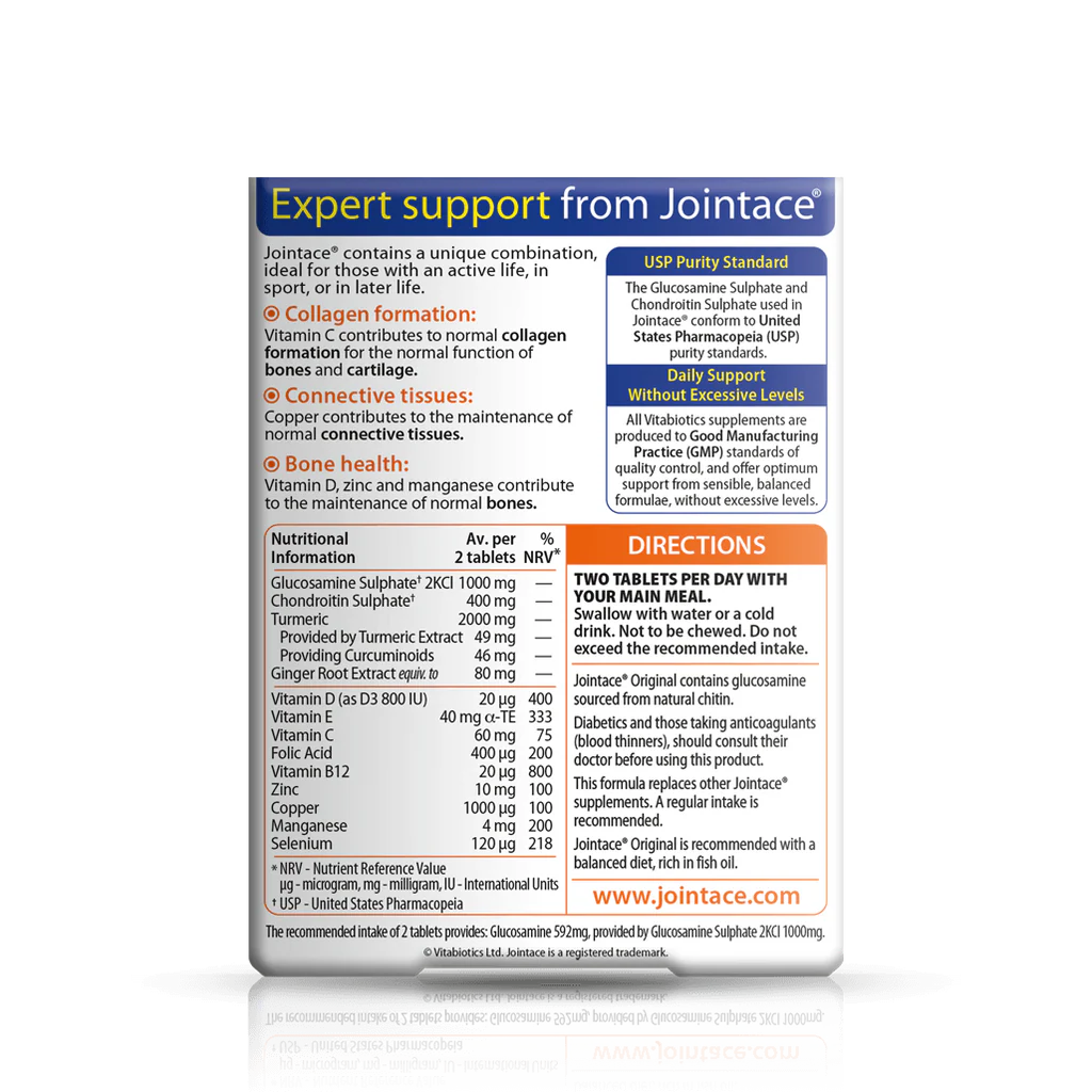 Vitabiotics Jointace Original Supplement Facts – Glucosamine Sulphate 1000mg, Chondroitin 400mg, Turmeric 2000mg, Vitamin D 20µg, Selenium 120µg – USP Purity Standard, GMP Certified, Made in UK – docxora.com Pakistan
