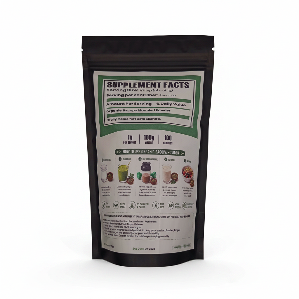 HerbCraft Organic Bacopa Monnieri Powder back pouch on a clean white background, showing Supplement Facts, 1g serving size, 100g pack weight, 100 servings, preparation ideas and packaging details, available in Pakistan at docxora.com
