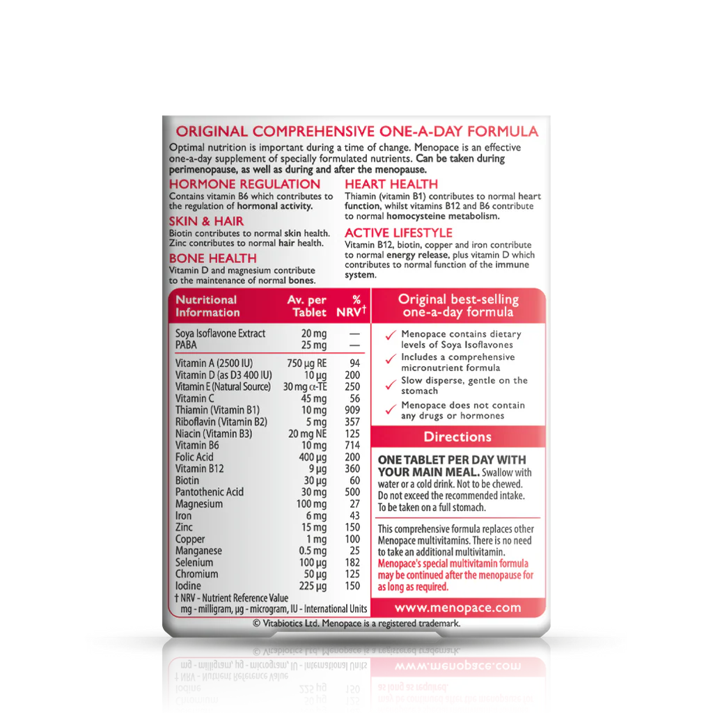 Vitabiotics Menopace Original Supplement Facts – 22 Nutrients per Tablet including Soya Isoflavone 20mg, Vitamin D 10µg, Folic Acid 400µg, Zinc 15mg, Selenium 100µg, Iodine 225µg – GMP Certified, Made in UK – docxora.com Pakistan