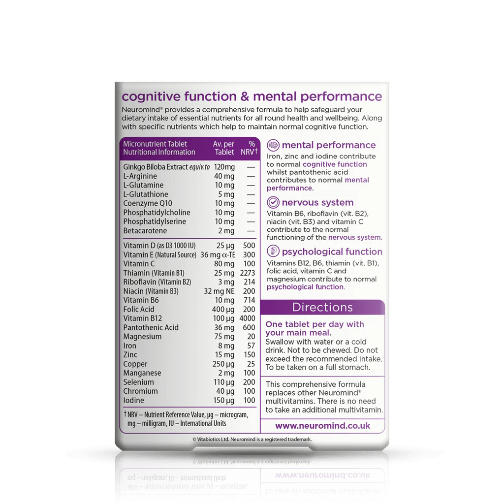 Vitabiotics Neuromind Original 30 Tablets back panel — full nutritional information table, cognitive function, mental performance, nervous system, directions