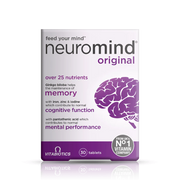 Vitabiotics Neuromind Original 30 Tablets box front — feed your mind, over 25 nutrients, Ginkgo Biloba for memory, UK's No.1 Vitamin Company