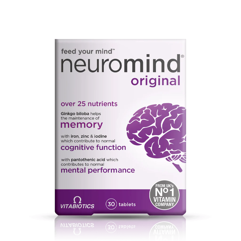 Vitabiotics Neuromind Original 30 Tablets box front — feed your mind, over 25 nutrients, Ginkgo Biloba for memory, UK's No.1 Vitamin Company
