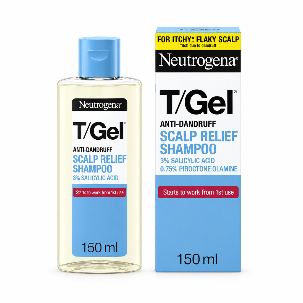 Neutrogena T/Gel Anti-Dandruff Scalp Relief Shampoo 150ml bottle and box on a white background – docxora.com Pakistan