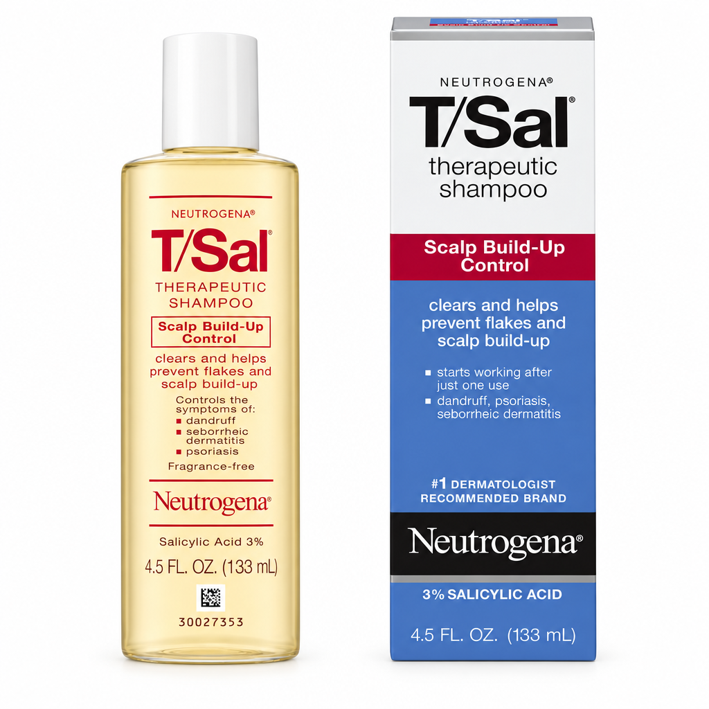 Neutrogena T/Sal Therapeutic Shampoo 133ml with 3% salicylic acid, bottle and box on a white background – docxora.com Pakistan