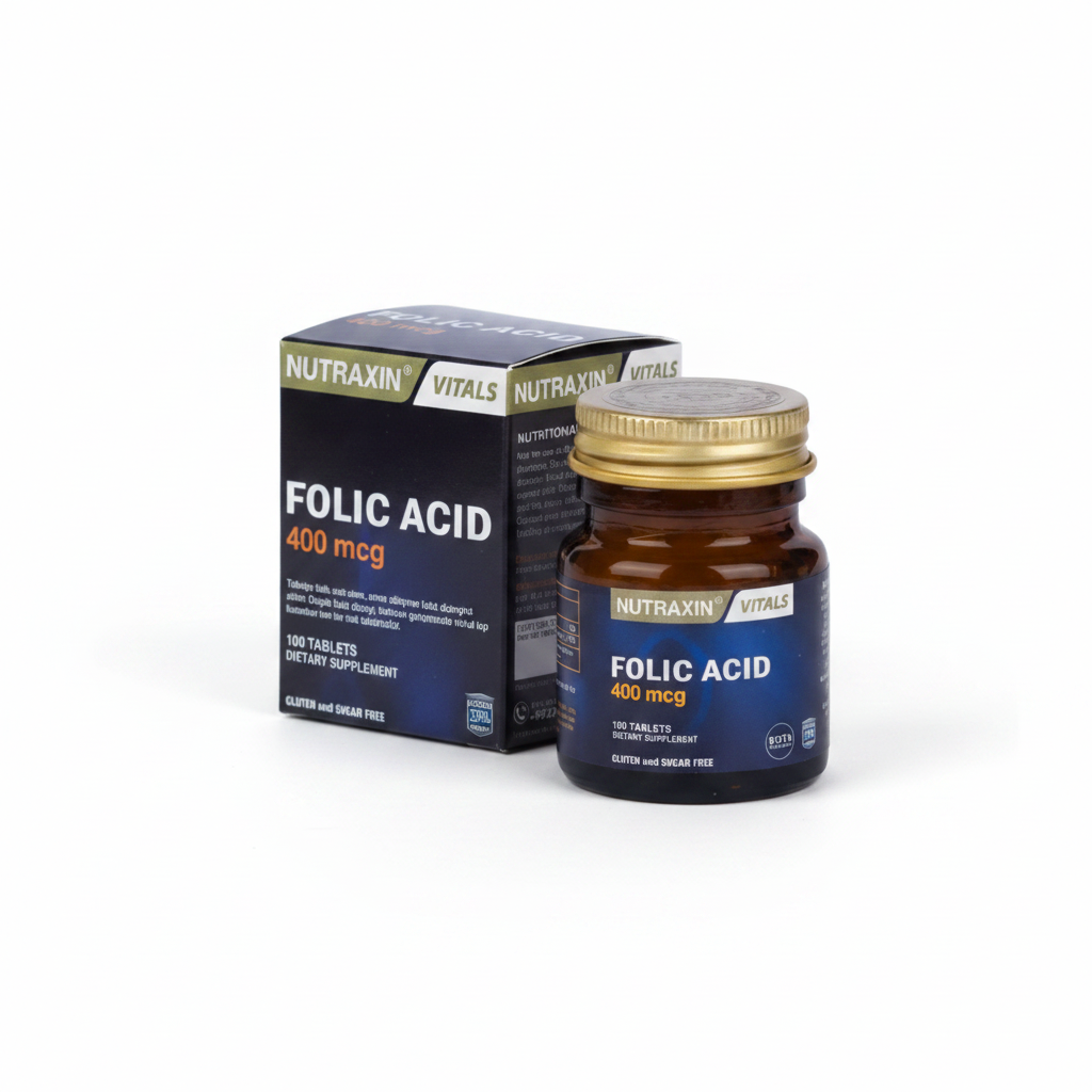 Nutraxin Vitals Folic Acid 400mcg 100 Tablets – Gluten Free, Sugar Free Dietary Supplement – Bottle and Box – Available at docxora.com Pakistan