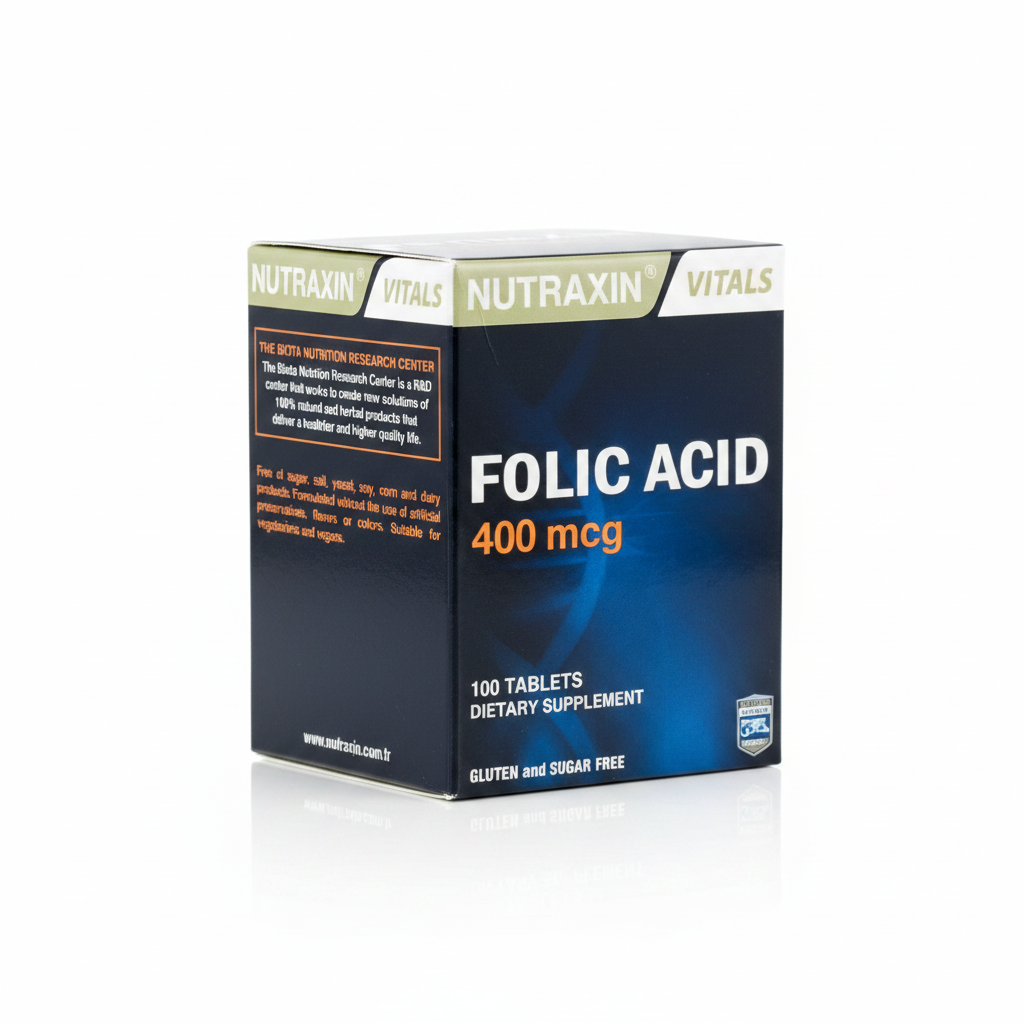 Nutraxin Vitals Folic Acid 400mcg Box Side Panel – Free of Sugar, Salt, Yeast, Soy, Corn & Dairy – Suitable for Vegetarians & Vegans – No Artificial Preservatives – docxora.com Pakistan