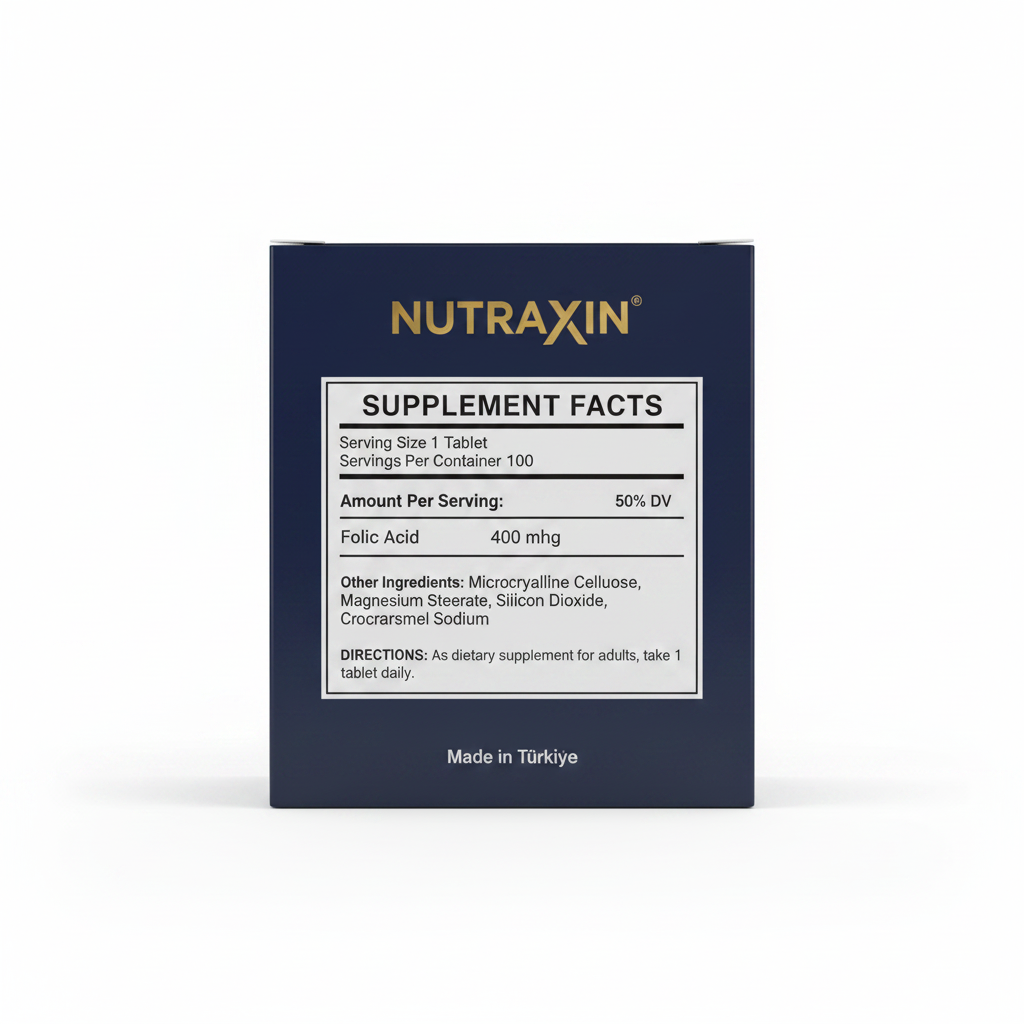 Nutraxin Vitals Folic Acid 400mcg Supplement Facts Label – Serving Size 1 Tablet, 100 Servings, Folic Acid 400mcg 50% DV – Made in Türkiye – docxora.com Pakistan