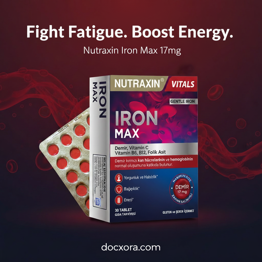 Nutraxin Vitals Iron Max 17mg Gentle Iron – Vitamin C, B6, B12 & Folic Acid, 30 Tablets, Gluten & Sugar Free, Halal Certified – Available at docxora.com Pakistan