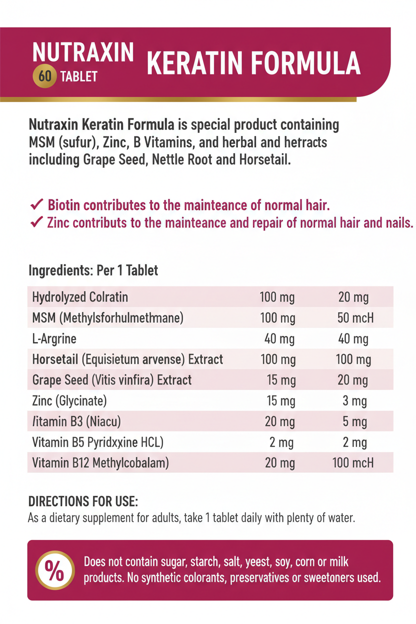 Nutraxin Beauty Keratin Formula 60 Tablets Supplement Facts – Hydrolyzed Keratin 100mg, Collagen 20mg, MSM 100mg, Biotin, Zinc, B Vitamins, Horsetail & Nettle Root Extract – Gluten & Sugar Free – docxora.com Pakistan