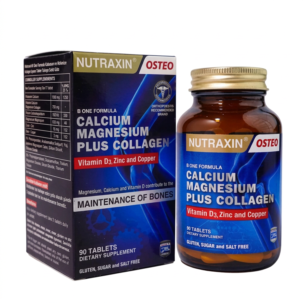 Nutraxin Osteo Calcium Magnesium Plus Collagen 90 Tablets bottle and box on a white background – docxora.com Pakistan