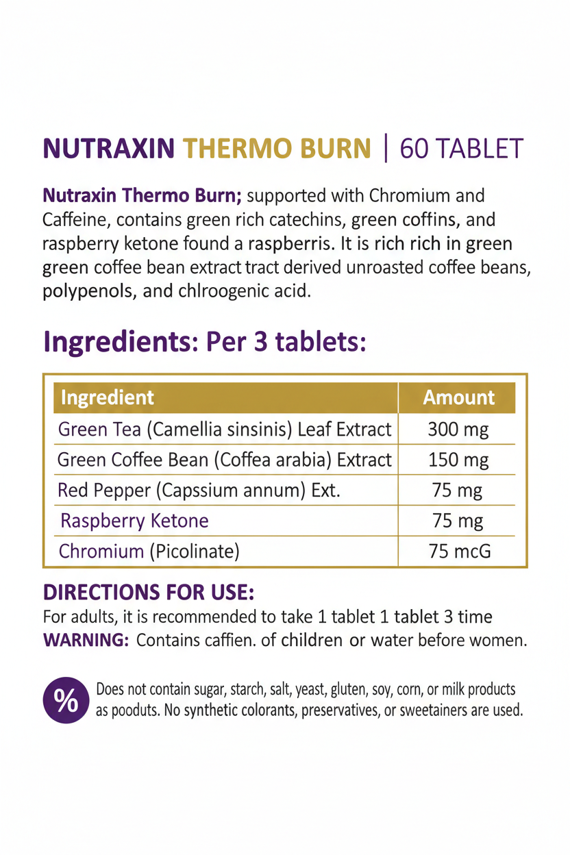 Nutraxin Thermo Burn 60 Tablets Supplement Facts – Green Tea 300mg, Green Coffee Bean 300mg, Caffeine 150mg, Raspberry Ketone 75mg, Red Pepper 75mg, Chromium Picolinate 75mcg – Gluten, Sugar & Allergen Free – docxora.com Pakistan