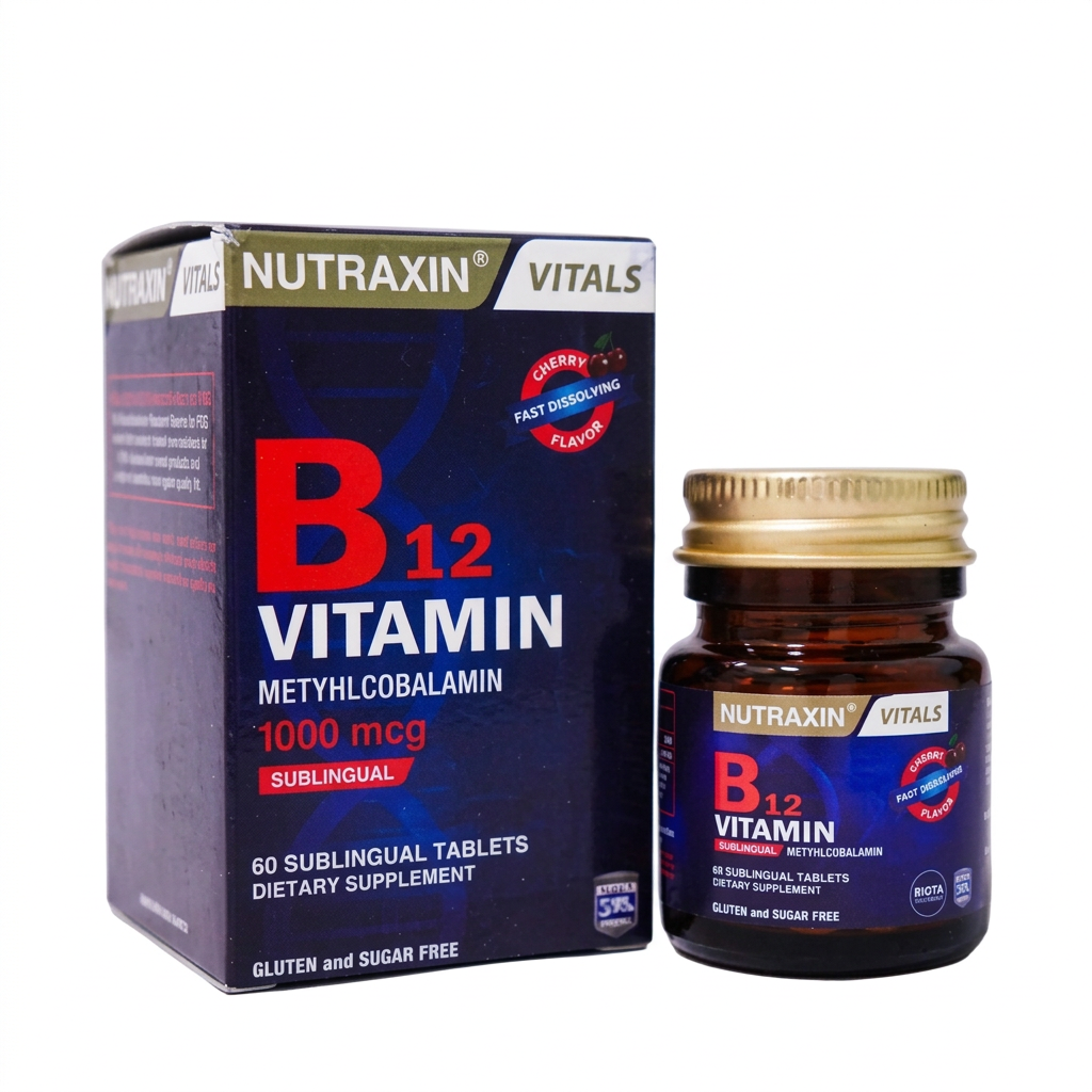 Nutraxin Vitals Vitamin B12 Methylcobalamin 60 Sublingual Tablets bottle and box – docxora.com Pakistan