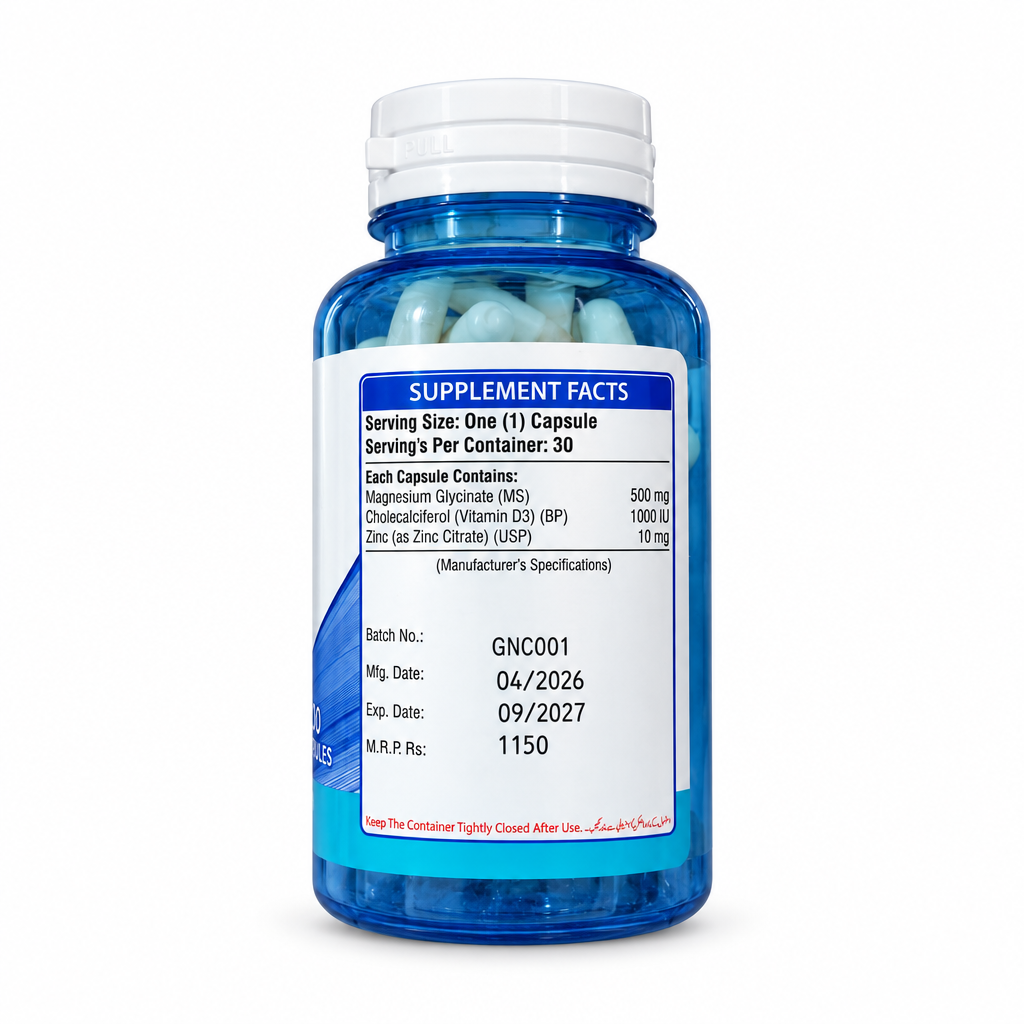 Nutrifactor Glycinex Magnesium Glycinate bottle back view showing Supplement Facts, batch details and dates – docxora.com Pakistan