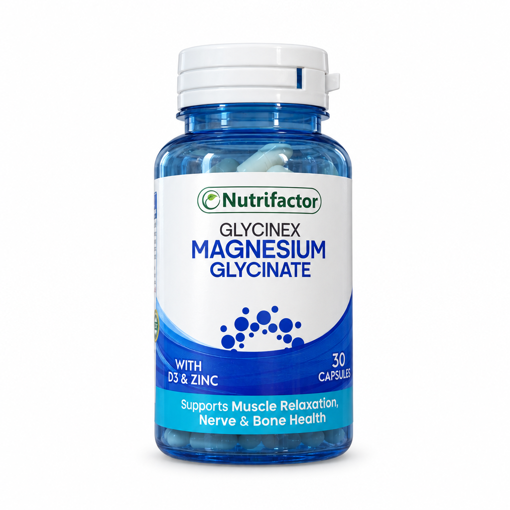 Nutrifactor Glycinex Magnesium Glycinate 30-capsule blue bottle with vitamin D3 and zinc – docxora.com Pakistan⠋