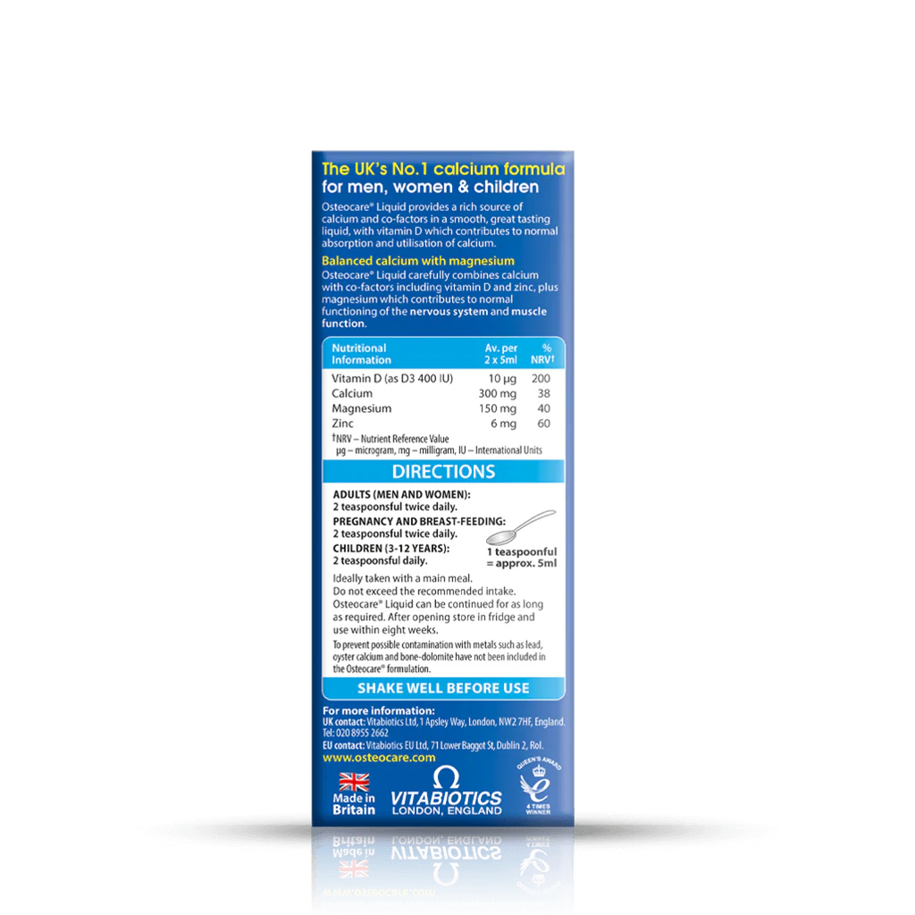 Vitabiotics Osteocare Liquid calcium supplement ki back label image, nutritional information, dosage directions aur Made in Britain details ke saath, available at docxora.com Pakistan
