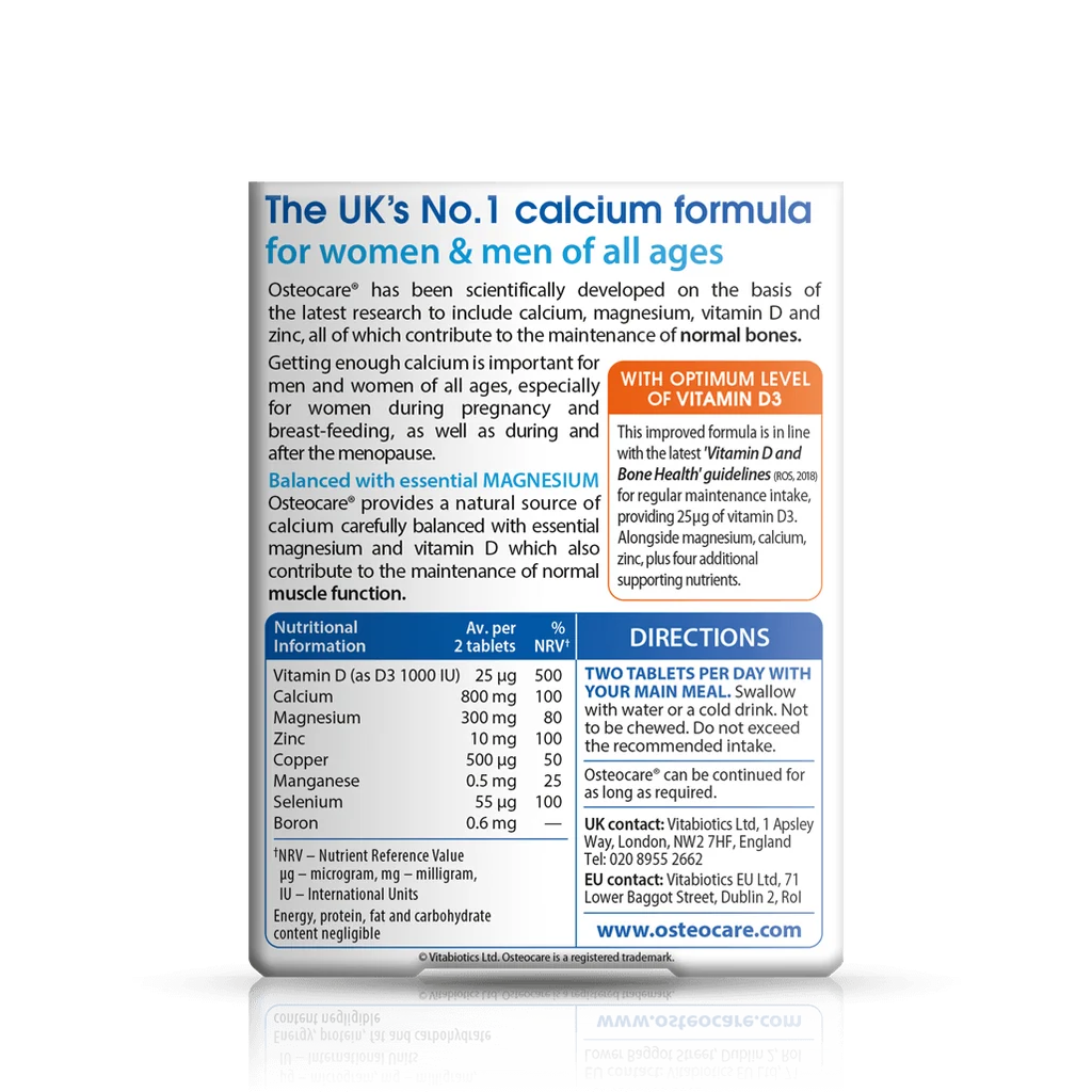 Vitabiotics Osteocare Original Supplement Facts – Calcium 800mg, Vitamin D3 1000IU 25mcg, Magnesium 300mg, Zinc 10mg per 2 Tablets – UK's No.1 Calcium Formula for Women & Men – docxora.com Pakistan
