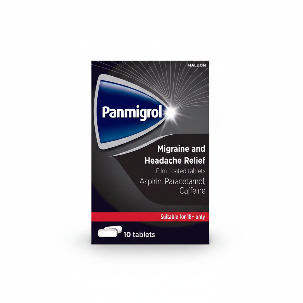 Panmigrol film-coated tablets for migraine and headache relief, containing aspirin, paracetamol and caffeine, 10-tablet pack on a clean white background, available at docxora.com Pakistan.