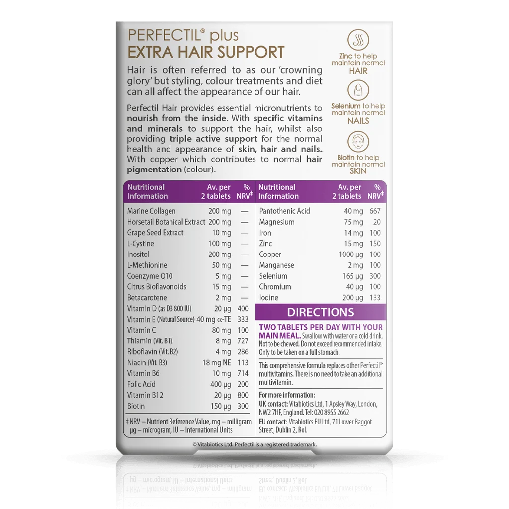 Vitabiotics Perfectil Hair Extra Support 60 tablets, back of box showing nutritional information and directions | docxora.com Pakistan