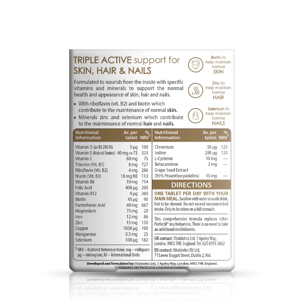 Vitabiotics Perfectil Original Back Label – Triple Active Support for Skin, Hair & Nails – Full Nutritional Information with Biotin, Zinc, Selenium, Grape Seed Extract – Docxora Pakistan