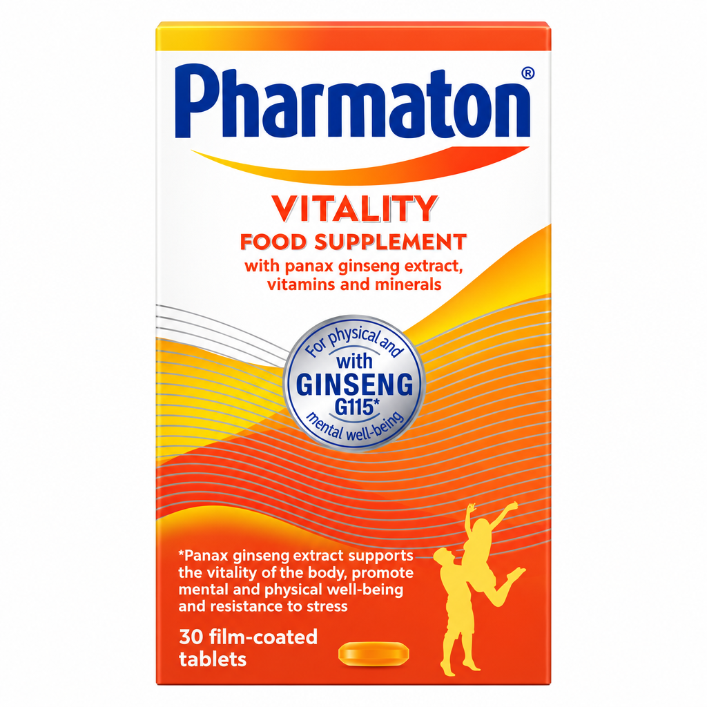 Pharmaton Vitality Food Supplement with Panax Ginseng Extract G115, Vitamins and Minerals – 30 Film-Coated Tablets – Available at docxora.com Pakistan
