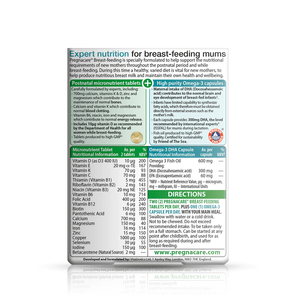 Vitabiotics Pregnacare Breast-Feeding — Back Panel showing Nutritional Information for Postnatal Micronutrient Tablets and Omega-3 DHA Capsules (300mg DHA) for breast-feeding mums, docxora.com Pakistan