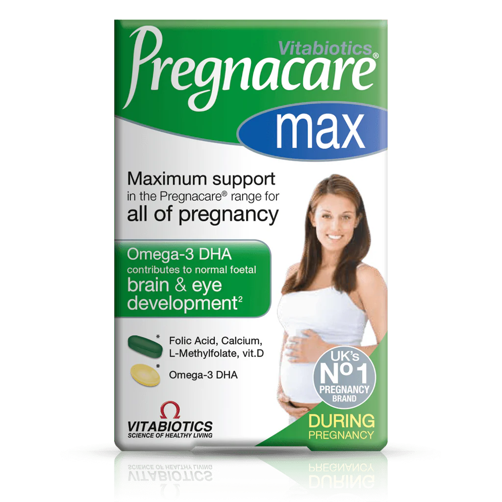 Vitabiotics Pregnacare Max 84 Tablets/Capsules — Maximum Support for All of Pregnancy with Omega-3 DHA for Foetal Brain & Eye Development, UK's No.1 Pregnancy Brand, available at docxora.com Pakistan