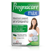 Vitabiotics Pregnacare Max 84 Tablets/Capsules — Maximum Support for All of Pregnancy with Omega-3 DHA for Foetal Brain & Eye Development, UK's No.1 Pregnancy Brand, available at docxora.com Pakistan