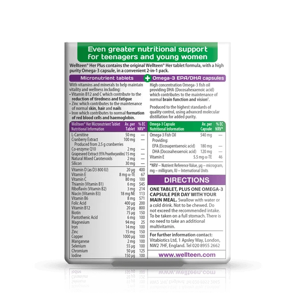 Vitabiotics Wellteen Her Plus Supplement Facts – Micronutrient Tablets + Omega-3 EPA/DHA Capsules, 25 Nutrients including Vitamin B12, Zinc, Iron, DHA 120mg – docxora.com Pakistan
