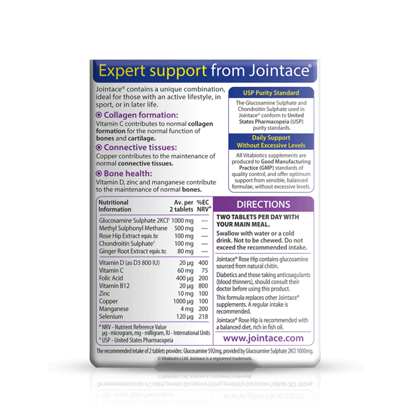 Vitabiotics Jointace Rose Hip Supplement Facts – Glucosamine Sulphate 1000mg, MSM 500mg, Rose Hip 100mg, Chondroitin 100mg, Vitamin D 20µg, B12, Zinc, Copper – 2 Tablets Daily with Main Meal – docxora.com Pakistan
