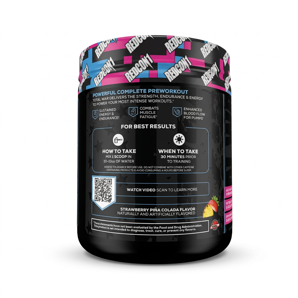 REDCON1 Total War Preworkout Strawberry Piña Colada jar side view showing mixing directions and suggested timing – docxora.com Pakistan