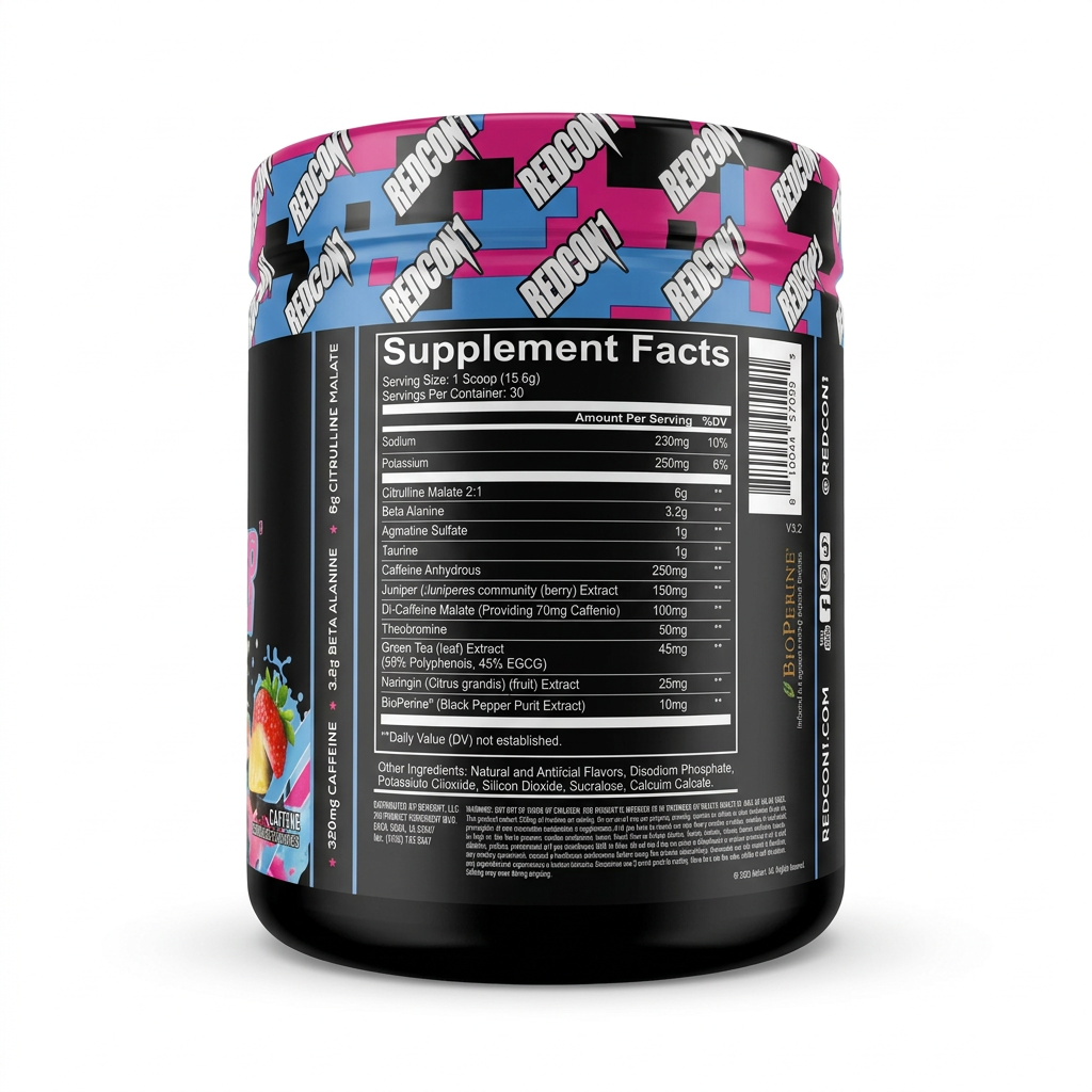 REDCON1 Total War Preworkout jar back view showing Supplement Facts, ingredient amounts and barcode – docxora.com Pakistan