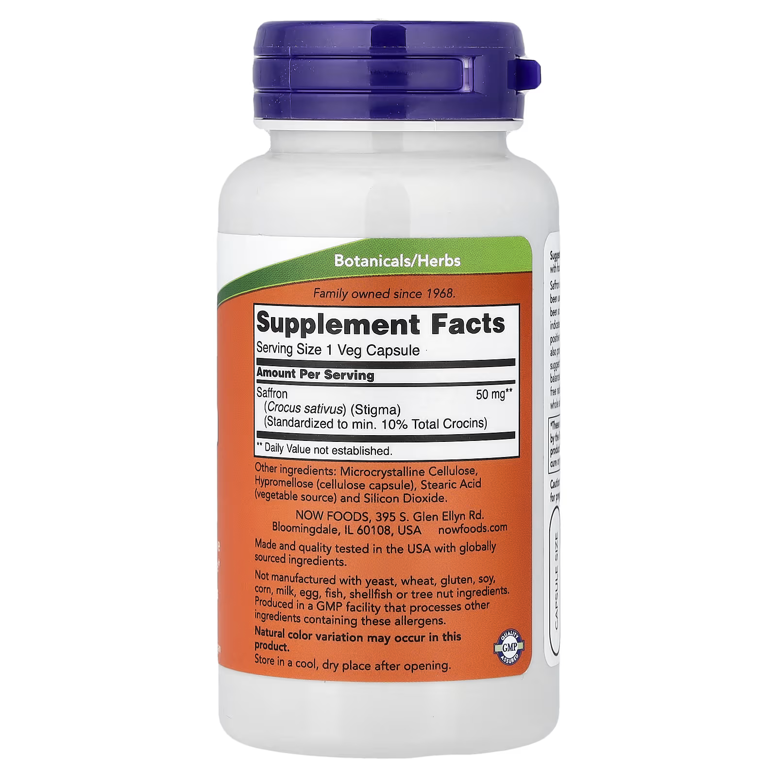 NOW Foods Saffron 50mg Supplement Facts Label – Crocus sativus Stigma Standardized to 10% Total Crocins, GMP Certified, Made in USA | Docxora.com Pakistan