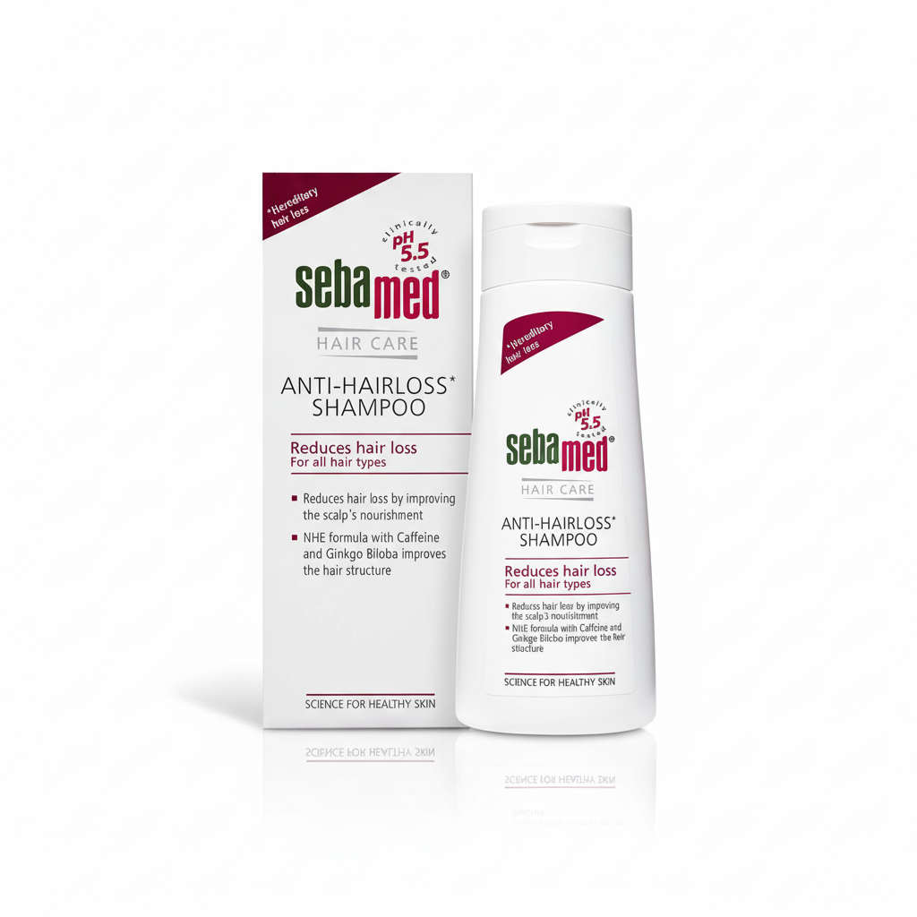 Sebamed Anti-Hairloss Shampoo box and bottle on white background – docxora.com Pakistan